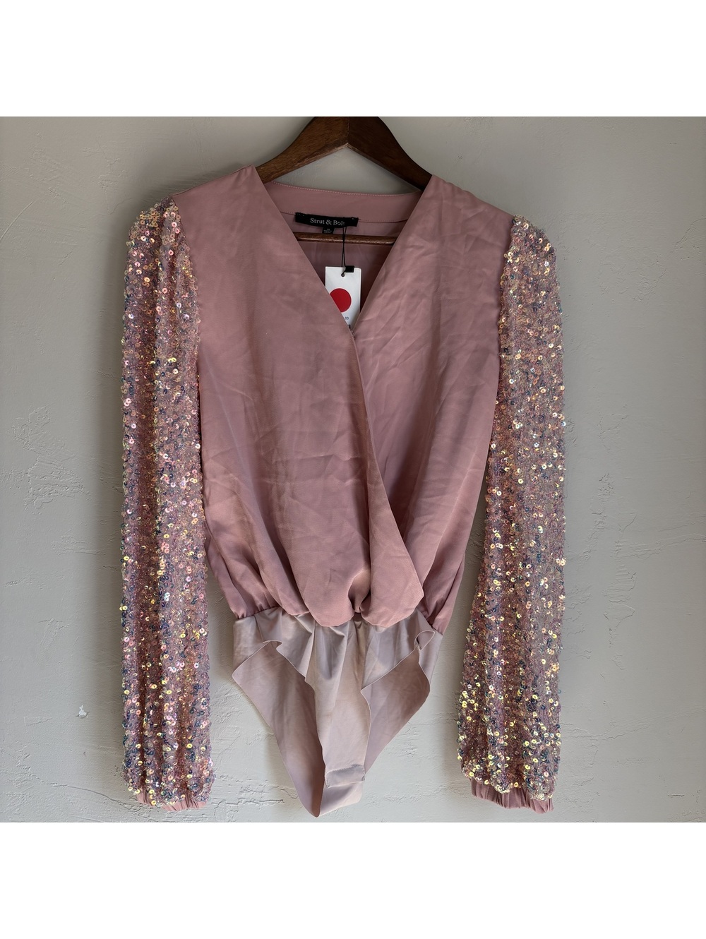 NWT Strut & Bolt Small Dusty Pink Sequin Long Sleeve Wrap Bodysuit Party Club